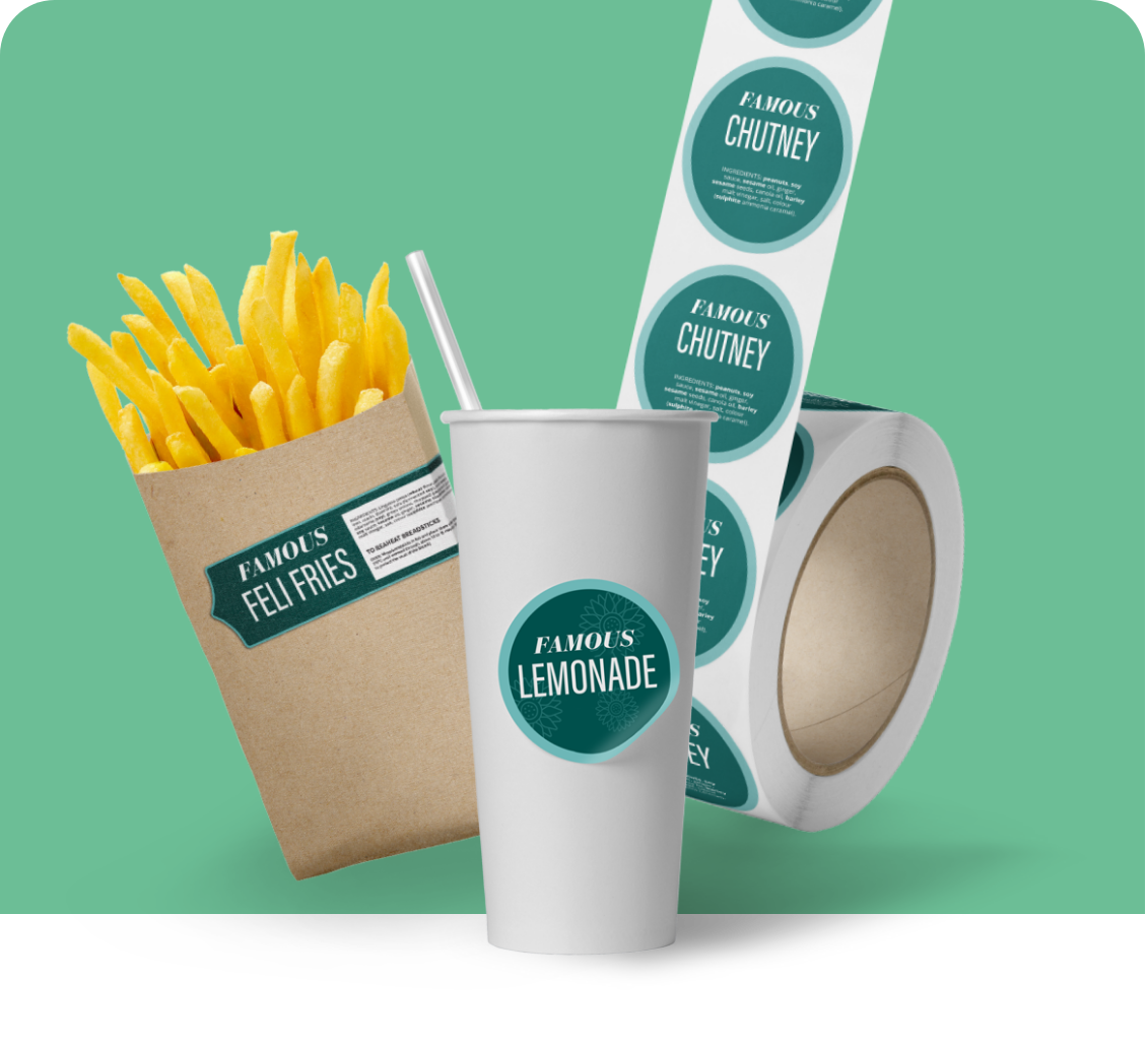 a group of food items with bespoke labels
